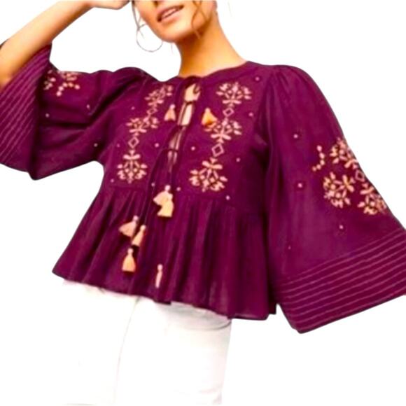 Haute Rouge Flutter Sleeve Lace Up Cropped Peasant Blouse NWT Size Medium - Picture 1 of 11